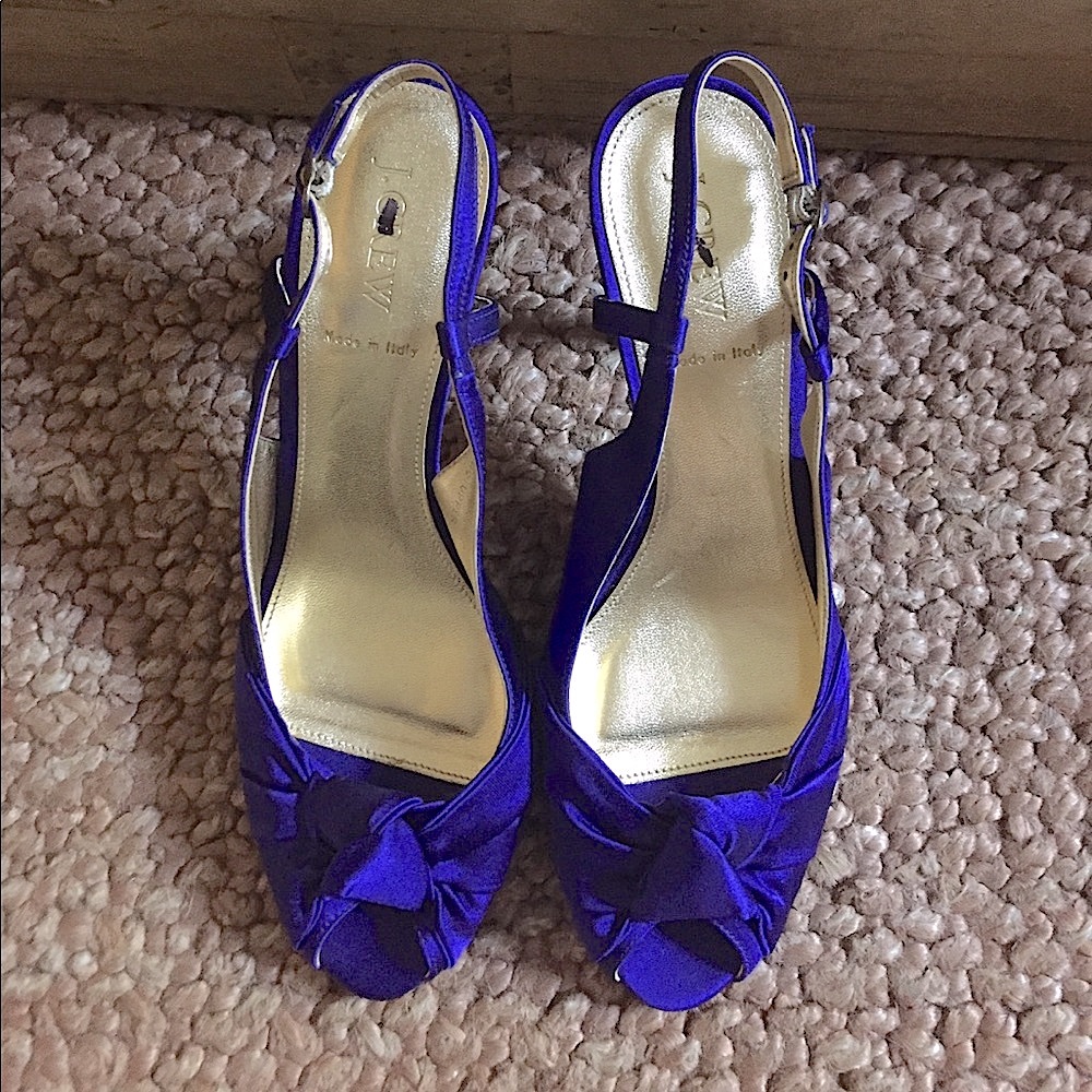 J. CREW HEELS 100% SATIN UPPER DEEP VIOLET PEEP TOE HIGH HEELS 8.5 M ITALY NWOB